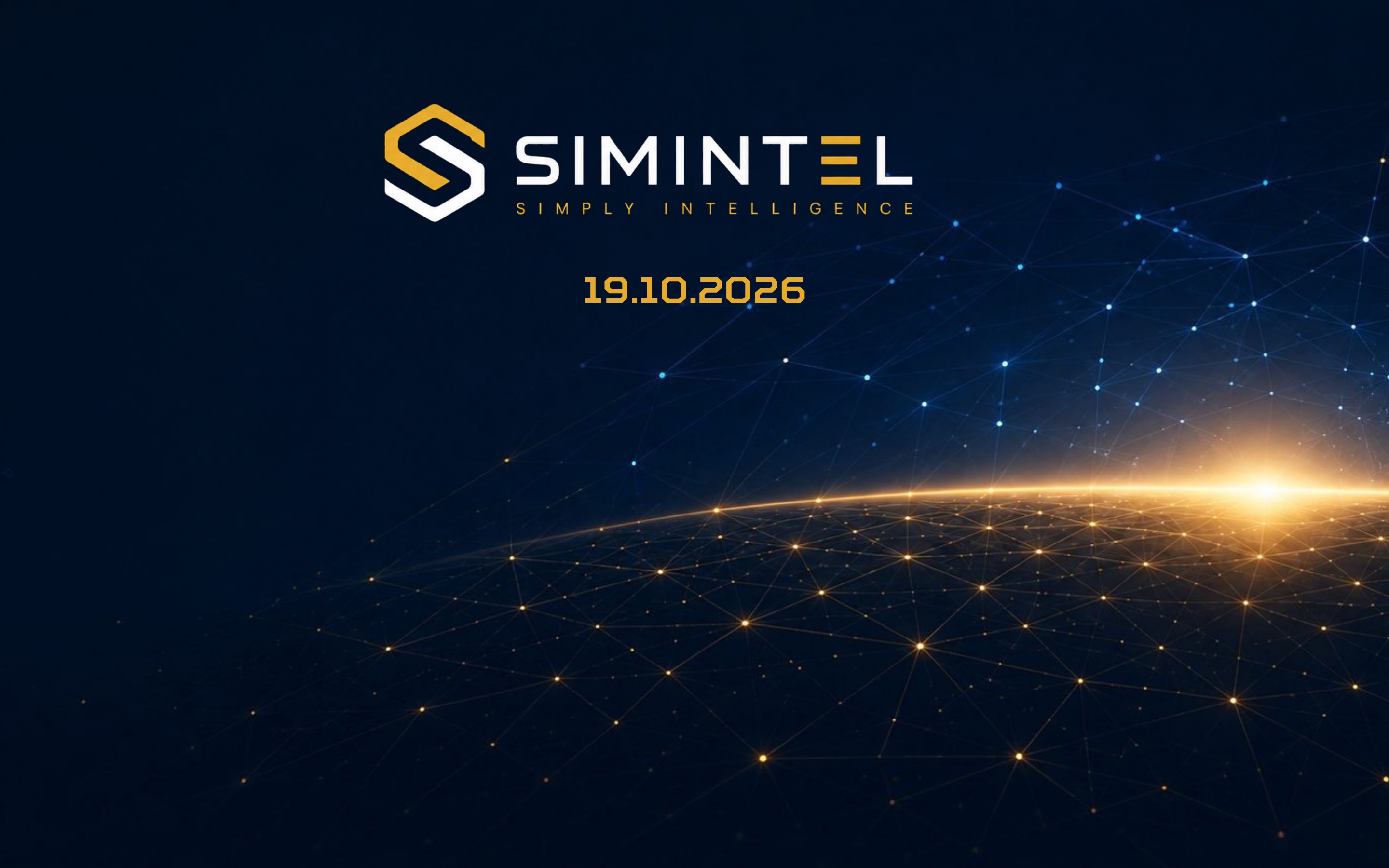 The Simintel logo and the tagline 'Simply Intelligence' above the launch date 19.10.2026, set against a dark navy sky over a glowing network of gold and blue nodes.